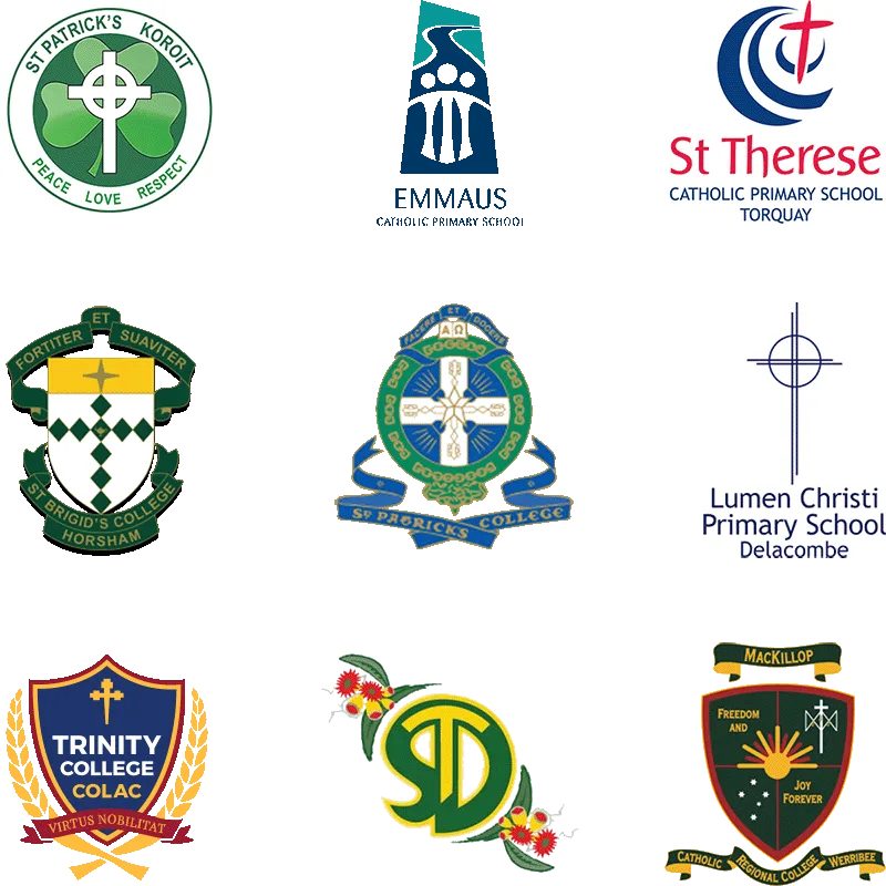 School crests: St Patrick's Koroit, Emmaus Catholic Primary School, St Therese Torquay, St Brigid's College Horsham, St Patrick's College, Lumen Christi Delacombe, Trinity College Colac, St Joseph's, MacKillop Catholic Regional College Werribee