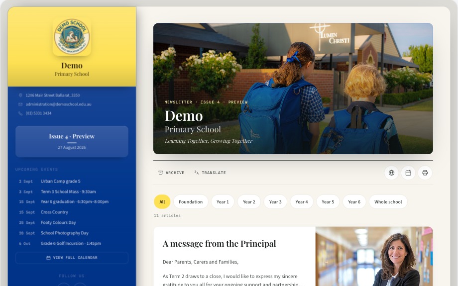 A Sample School newsletter edition open on a desktop monitor