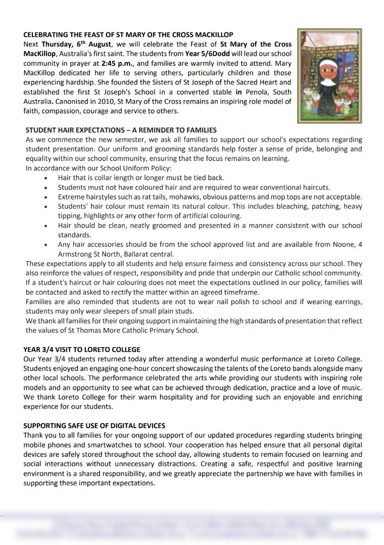A school newsletter PDF shrunk to fit a phone screen, its text too small to read